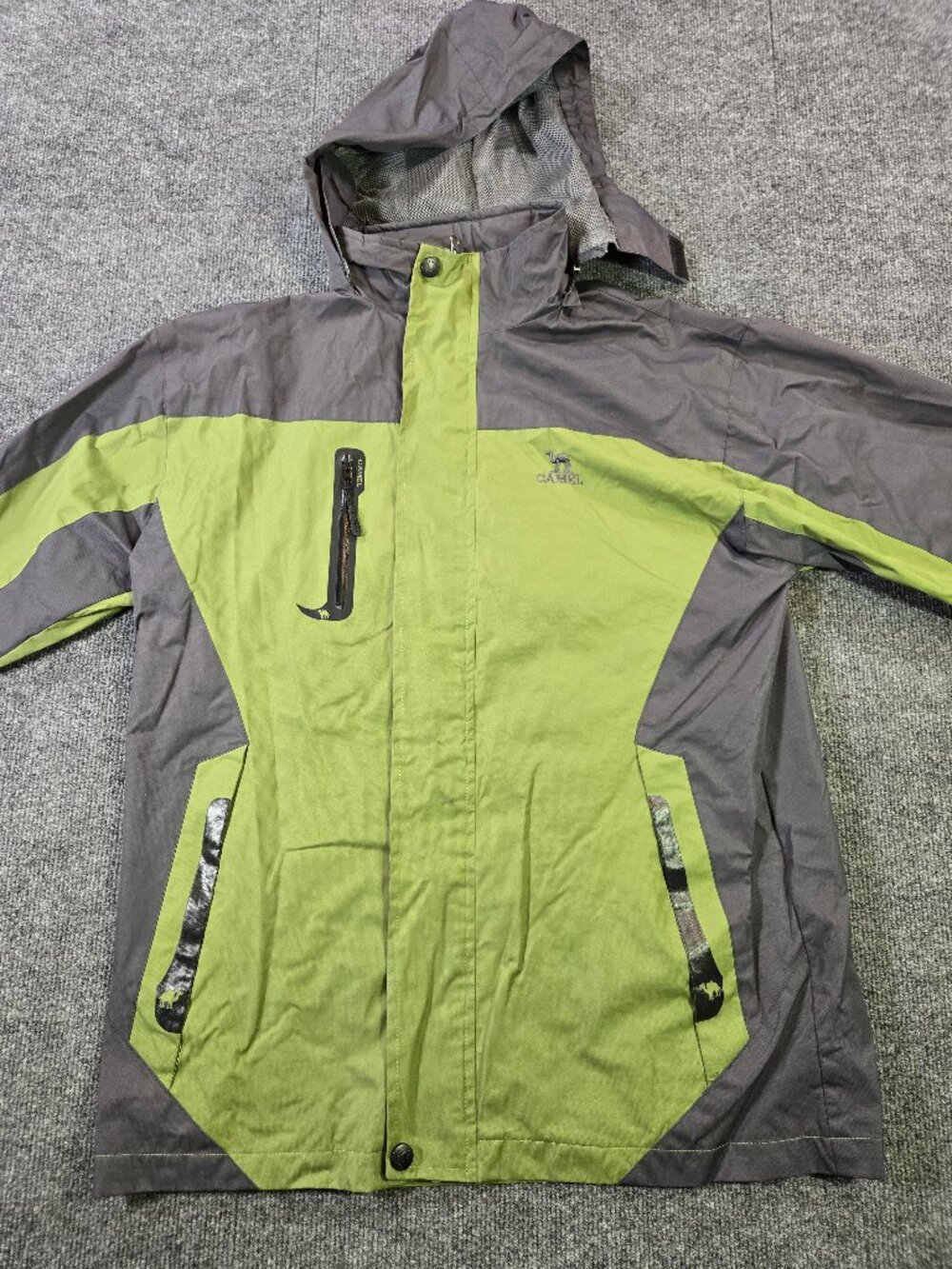 Camel Outdoor Specialist Mens 3X Hood Rain Jacket Green Gray Lined Windbreaker